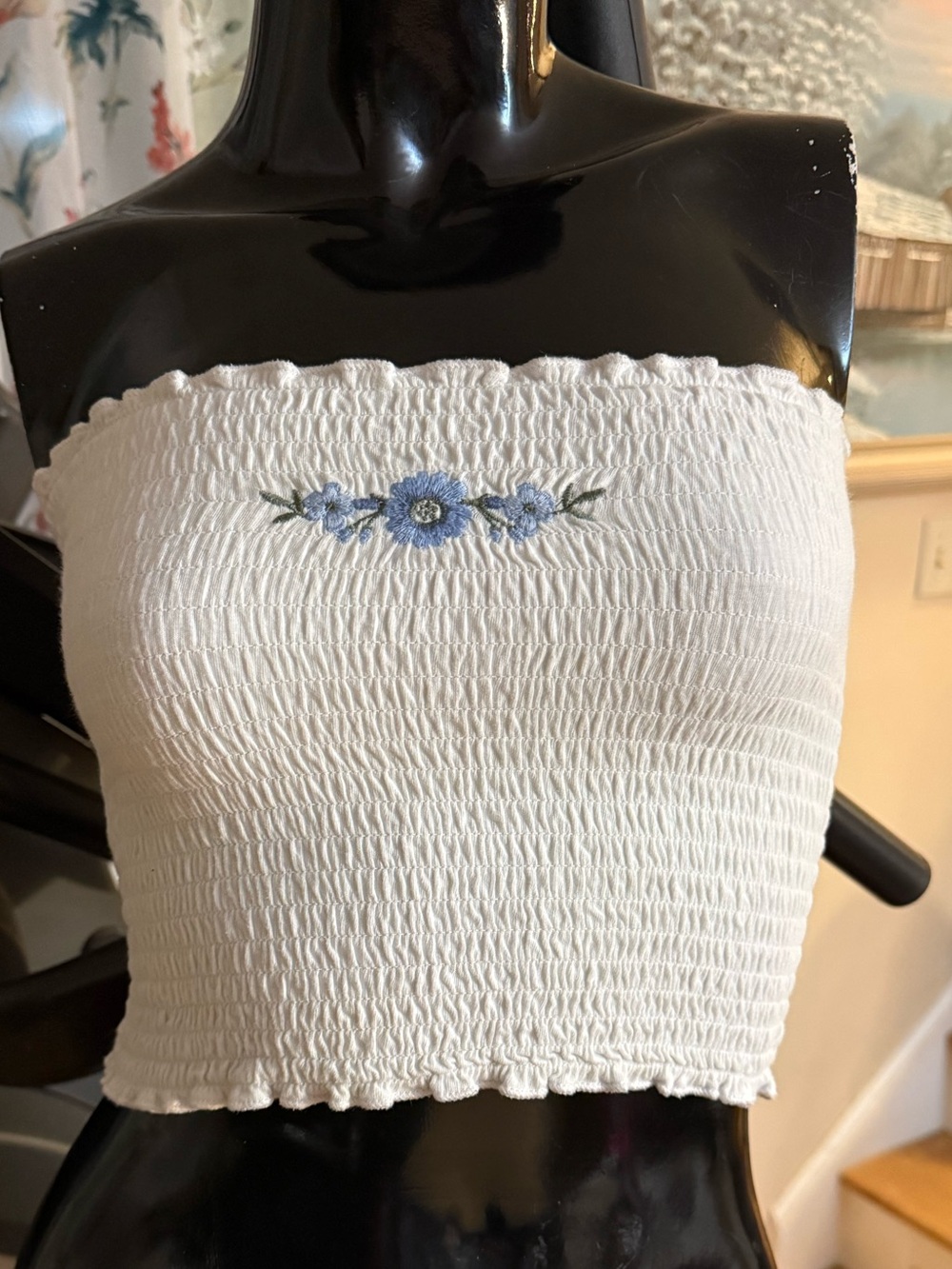 Smocked White Strapless Tube Top with Blue Floral Embroidery